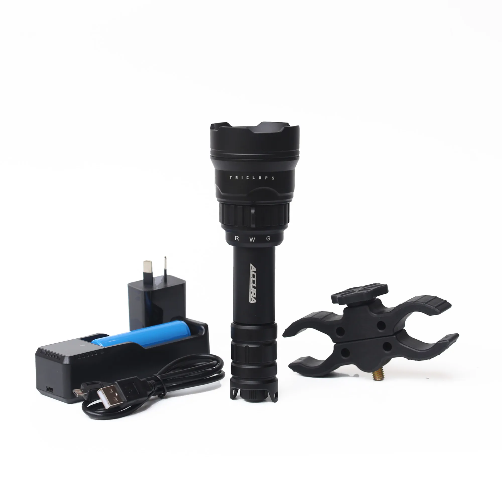 Accura Triclops LED Torch White / Red / Green Colours inc. Charger and Mount, 800 Lumens