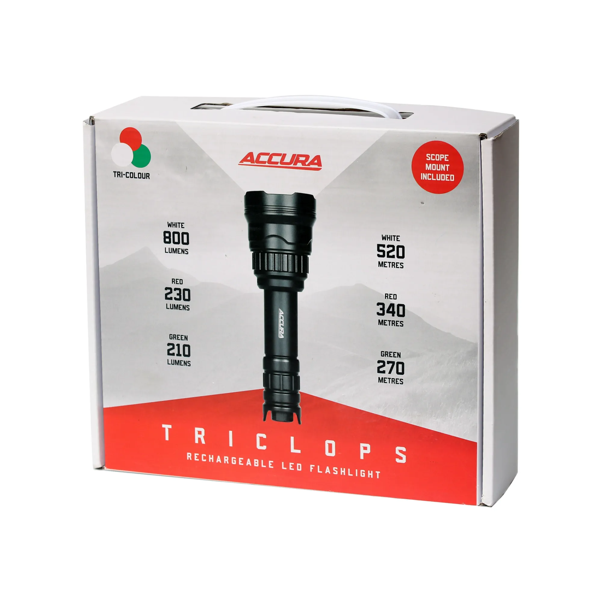 Accura Triclops LED Torch White / Red / Green Colours inc. Charger and Mount, 800 Lumens